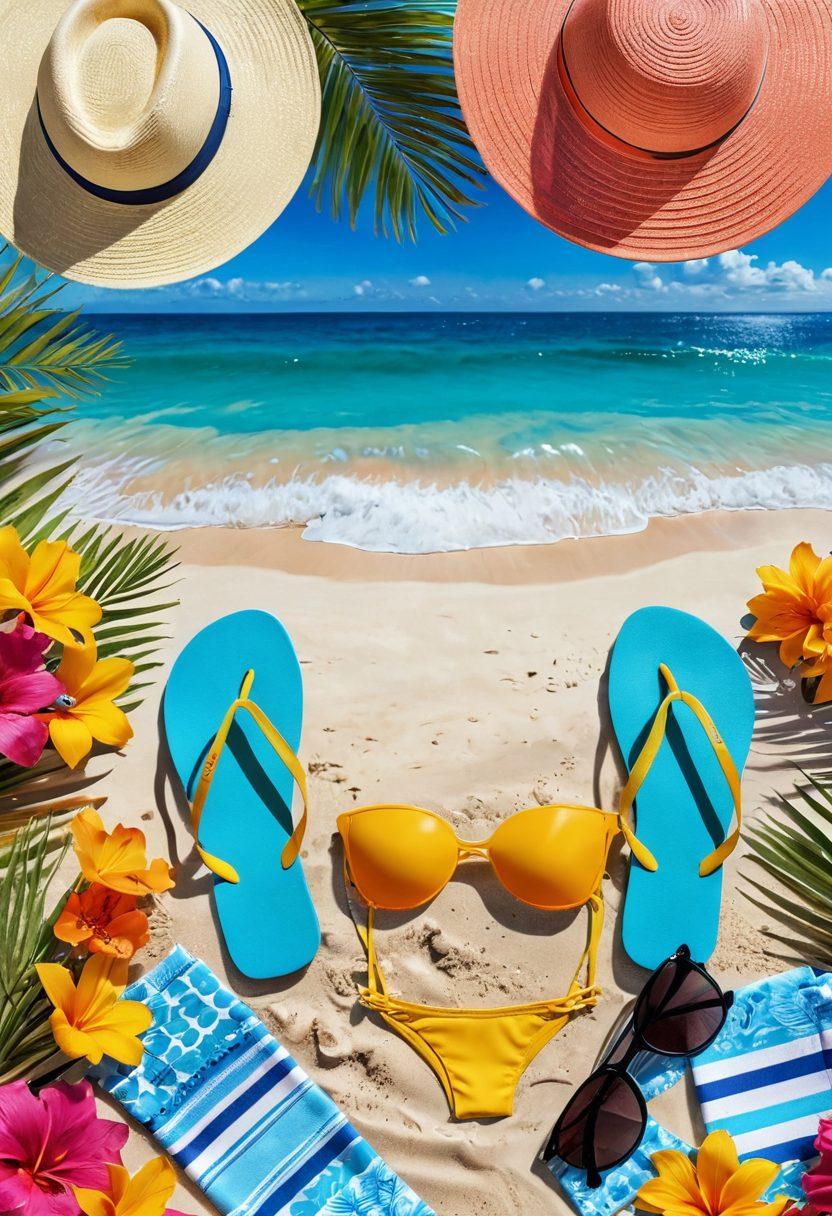 A vibrant beach scene showcasing an array of stylish beachwear including colorful bikinis, sun hats, and sunglasses. The background has golden sands and sparkling blue waves, creating a warm, inviting atmosphere. Include sun loungers and beach towels to enhance the setting. Add a splash of tropical flowers to bring in a refreshing vibe. super-realistic. vibrant colors. sunny setting.