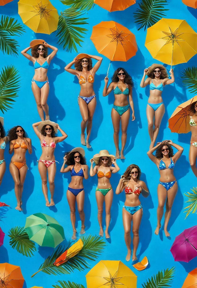 A vibrant beach scene showcasing diverse individuals wearing the latest swimwear styles, splashing in crystal-clear water under the sunny sky. Include beach umbrellas, colorful towels, and tropical plants in the background to enhance the lively summer vibe. Capture the joy and freedom of summer with dynamic poses and cheerful expressions. super-realistic. vibrant colors. bright blue background.